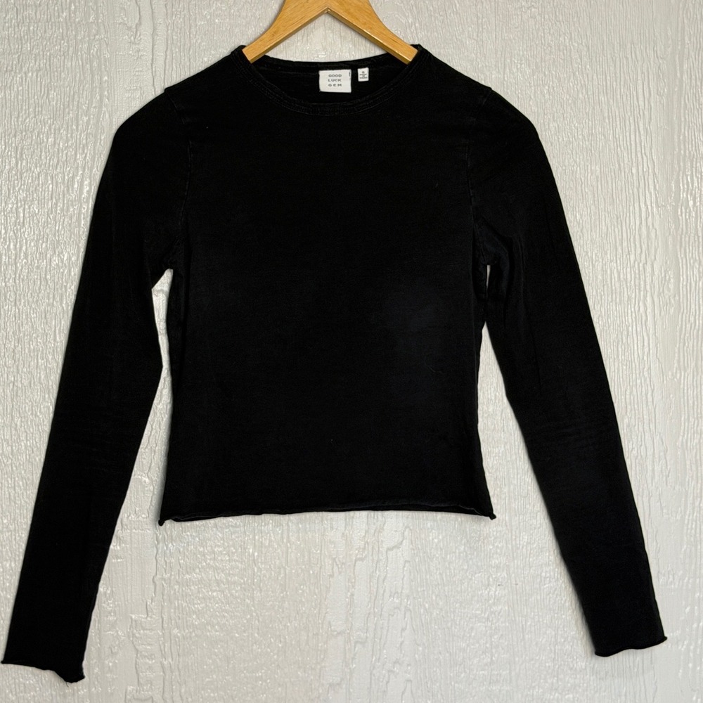 Good Luck Gem Womens Black Long Sleeve Crew Neck Raw Hem Slub Top Small